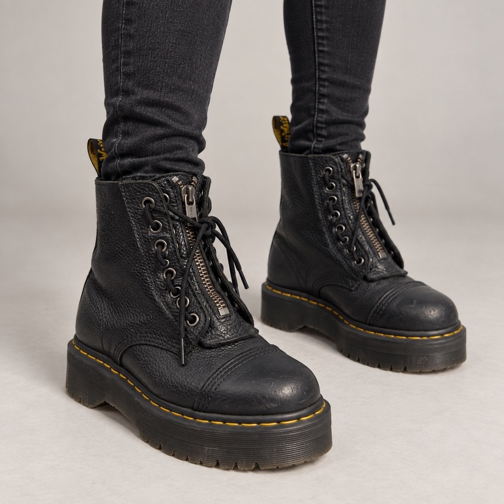 Dr. Martens Sinclair Black Milled Pebble Leather Platform Zip Boots Size 9
